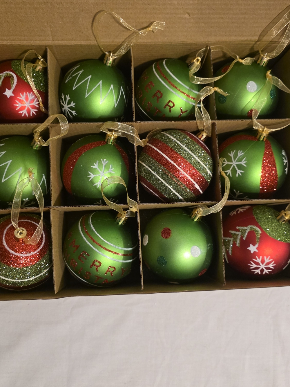 ​12 Pc Christmas Ball Ornaments Set Red Green Glitter Snowflake Striped Decor